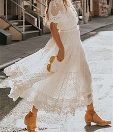 economico -Per donna Vestito da festa Abito di pizzo Vestito svasato Vestito maxi Bianco Manica corta Colore puro Pizzo Primavera Estate A V Boho 2023 S M L XL