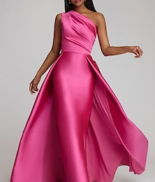 お買い得  -シースレッドグリーンドレスイブニングドレスホットピンクドレス結婚式のゲストフロアレングスノースリーブワンショルダーサテンオーバースカート付きピュアカラー2024