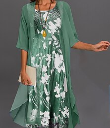 cheap -Women‘s Dress Set Two Piece Dress Midi Dress Green Blue Gray Half Sleeve Floral Print Summer Spring U Neck Casual 2023 S M L XL XXL 3XL