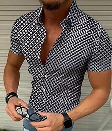 abordables -Camisa de manga corta para hombre, diseño informal, estampado blanco, negro, rojo, con entramado, tops de cobertura para playa/verano/verano