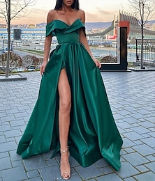 billiga -a-line aftonklänning kändis klänning röd grön klänning balklänning golvlängd kortärmad v-ringad höst bröllop gäst satin med slits 2024