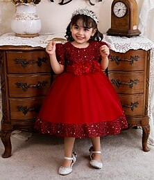 cheap -Toddler Girls' Dress Plain Short Sleeve Party Daily Sequins Bow Cute Elegant Polyester Midi Tulle Dress Summer Spring 1-4 Years Wine Red Green