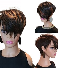 preiswerte -Echthaar Perücke Kurz Glatt Asymmetrischer Haarschnitt Dunkelbraun Weich Party Damen Kappenlos Brasilianisches Haar Damen Schwarz / Mittel-Rotbraun 20 CM Party / Abend Täglich Freizeitskleidung