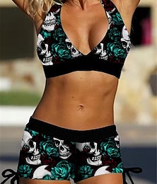 billiga -Dam Plusstorlekar Badkläder Bikini 2 st Baddräkt Öppen Rygg Sexig Tryck Hög midja för stora byster Dödskalle V-slits Semester Mode Baddräkter