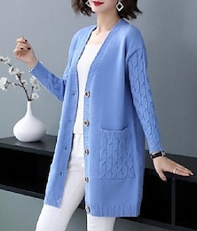 cheap -Women's Cardigan Pocket Solid Color Stylish Basic Casual Long Sleeve Regular Fit Sweater Cardigans V Neck Fall Spring Blue Black Camel / Going out