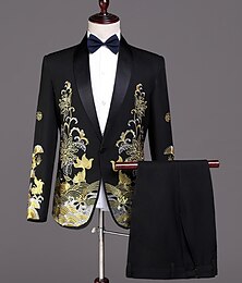 お買い得  -ブラック ホワイト メンズ プロム スーツ ウェディング パーティー イブニング タキシード 2 ピース ショールカラー 花柄 刺繍 テーラードフィット シングルブレスト ワンボタン 2024