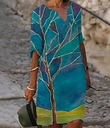 abordables -Femme Robe Droite Imprimer Col fendu Robe mi-longue basique du quotidien Vacances Demi Manches Eté Printemps