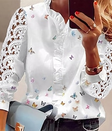 Χαμηλού Κόστους -Γυναικεία Πουκάμισο Δαντελένιο πουκάμισο Μπλούζα Κορυφή ματιών Πεταλούδα Με Βολάν Δίχτυ Κουμπί Δουλειά Causal Καθημερινά Κομψό Κομψό στυλ street Καθημερινό Μακρυμάνικο Λαιμόκοψη V Λευκό