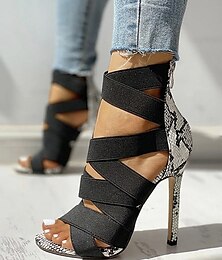 abordables -sandales noires à talons hauts pour femmes avec des accents imprimés serpent et des bretelles enveloppantes pour la mode et les tenues de soirée
