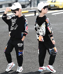 cheap -2 Pieces Kids Boys Hoodie  Pants Tracksuits Long Sleeve White Black Dusty Blue Letter Print Outdoor Cool Street Style Set