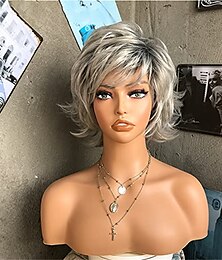 baratos -perucas de corte pixie peruca cinza curta prata omber cinza ondulado perucas de corte pixie para mulheres brancas com franja cabelo natural sintético