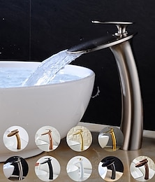 abordables -Robinet de lavabo de salle de bain cascade avec tuyau d'alimentation, robinet de lavabo monotrou à poignée unique, mitigeur de lavabo à corps incliné commercial