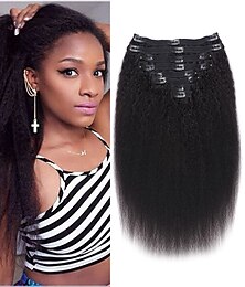 cheap -Clip in Hair Extensions Human Hair Kinky Straight Silky Virgin Hair Clip in Full Head 18 Inch Unprocessed Brazilian Remy Human Hair for Black Women 8pcs with 18 Clips 120 Gram Per Set