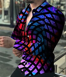 お買い得  -男性用 カラーブロック 3D印刷 幾何学模様 シャツ ボタンアップシャツ 長袖 ファッション デザイナー カジュアル アウトドア ストリート 祝日 夏 春 折襟 プリント ボタンダウン ピンク パープル グリーン