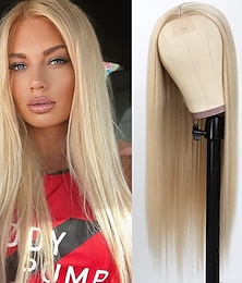voordelige -blonde synthetische pruiken lang steil haar gemengd platina blond natuurlijke haarlijn hittebestendige vezel pruiken voor modieuze vrouwen