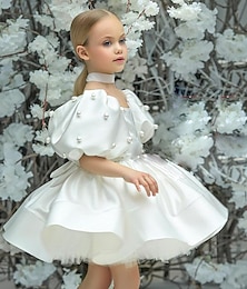 cheap -Kids Girls' Dress Solid Colored Short Sleeve Wedding Party Ruched Mesh Puff Sleeve Cute Sweet Polyester Above Knee A Line Dress Tulle Dress Flower Girl's Dress Summer Spring 3-12 Years Mint color