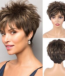 economico -parrucche corte di capelli neri castani con frangetta parrucche nere pixie tagliate per le donne anziane misti punti salienti marrone scuro parrucche sintetiche a strati shaggy parrucca naturale