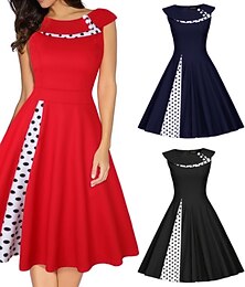 baratos -Vestido clássico de bolinhas retro vintage vestido até o joelho traje de festa vestido de Natal manga curta garota do campo traje de fantasia baile de máscaras de São Valentim para mulheres à noite