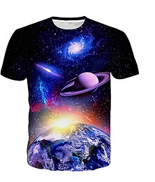 cheap -Kids Boys T shirt Short Sleeve 3D Print Galaxy Blue Children Tops Spring Summer Active Fashion Daily Daily Outdoor Regular Fit 3-12 Years
