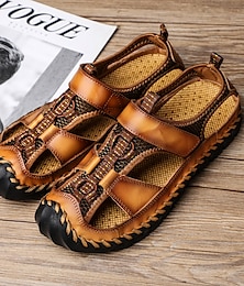 cheap -Men's Leather Sandals Plus Size Handmade Shoes Closed Toe Sandals Vintage Classic British Daily Office & Career Magic Tape Shoes Wine Black Brown Summer Spring