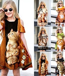 economico -ragazze' 3D Animali Gatto Vestito Manica corta Stampa 3D Estate Primavera Da mare Giornaliero Per eventi stile sveglio Informale Dolce Bambino 3-12 anni Abito linea A Sopra il ginocchio Standard
