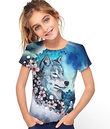 cheap -Girls' 3D Animal Floral Wolf T shirt Short Sleeve 3D Print Summer Spring Active Fashion Cute Polyester Kids 3-12 Years Outdoor Daily Regular Fit