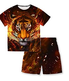 cheap -Boys 3D Animal Tiger T-shirt & Shorts Clothing Set Short Sleeve Summer Spring Sports Fashion Cool Polyester Kids 3-13 Years Outdoor Street Sports Regular Fit