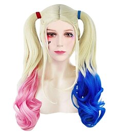 olcso -Harley Quinn Joneting kék és rózsaszín hőálló paróka haj anime cosplay parókák halloween parókák
