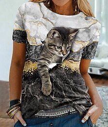 voordelige -Dames T-shirt Zwart Wit blauw Grafisch Kat Afdrukken Korte mouw Dagelijks Weekend Vintage Ronde hals Normaal 3D Cat Verf S