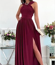 abordables -robe de soirée de Saint-Valentin pour femme robe d'invité de mariage robe longue robe maxi vin rouge beige sans manches couleur pure dos nu printemps été col licou