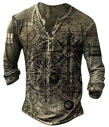 billiga -Herr T-shirt Henleytröja Grafisk Maskin Henley Blå Purpur Brun Grön Grå 3D-tryck Gata Ledigt Långärmad Button-Down Mönster Kläder Mode Stylish Vintage Grundläggande