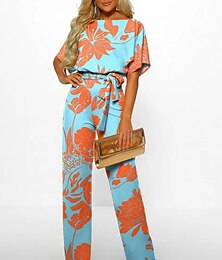 cheap -Jumpsuits for Women Summer Lace up Print Floral Crew Neck Formal Party Prom Straight Regular Fit Half Sleeve Light Blue S M L Spring Fall