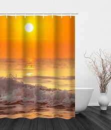 cheap -Beautiful Sunrise Sunset Sea Seaside Scenery Coconut Tree Printing Shower Curtain Hook Modern Polyester Machined Waterproof Bathroom