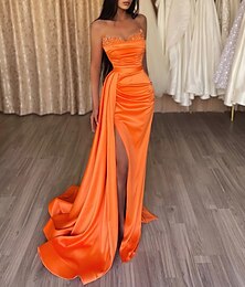 cheap -Mermaid Ruched Evening Gown Satin Dress Cocktail Party Prom Court Train Sleeveless Strapless Bridesmaid Dress with Beading Sequin Pure Color 2024