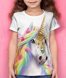 billiga -Flickor 3D Djur Enhörnings T-shirt Kortärmad 3D-tryck Sommar Vår Aktiv Mode söt stil Barn 3-12 år Utomhus Dagligen Normal