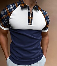 billige -Herre Golf skjorte Polo Virksomhet Avslappet Quarter Zip Kortermet Mote Fritid Ruter Fargeblokk Glidelås Sommer Vår Normal Blå Mørkegrønn Grønn Golf skjorte