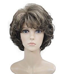 economico -parrucche grigie corte per donne bianche parrucche ondulate ricce grigio argento miste con frangia bianca parrucche sintetiche per capelli corti da nonna