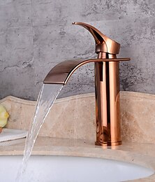 economico -rubinetto per lavabo da bagno, maniglia singola in stile moderno cascata monoforo dorata rosata, rame lucidato a olio con scarico e corpo rubinetto in ottone con acqua calda e fredda e scarico a