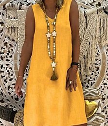 economico -Per donna Nero Giallo Kaki Estate Primavera Abito Midi Abiti ispirati al lino Vestito Casual Abito in cotone e lino Essenziale Casual All'aperto Vacanza Quotidiano Vestibilità regolare Colore Puro