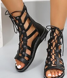 abordables -Sandalias de gladiador negras para mujer con diseño de cordones y aberturas: elegantes sandalias planas para verano, festivales y playa