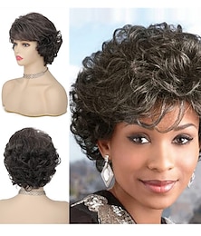 baratos -perucas encaracoladas cinza curtas para mulheres perucas de cabelo sintético macio em camadas cinza com franja cosplay de aparência natural uso diário