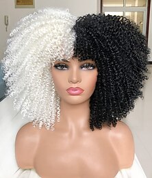 economico -parrucca corta riccia parrucca afro riccia da 14 pollici con frangia capelli sintetici resistenti al calore neri e bianchi per donne nere parrucca di carnevale