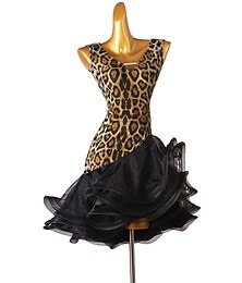 economico -vestito da ballo salsa latino con stampa leopardata con volant allenamento da donna senza maniche in spandex alto
