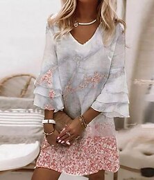 ieftine -Rochie Mini Femei Rochie Casual Rochie Semi-Formală Rochie Mică Rochie de Vară Elegantă Vacanță Basic Mâneci Volănaș Extern Vacanță Zilnic Ajustare Regulată Florală 3/4 Mâneci Gât în V Roz Albastru