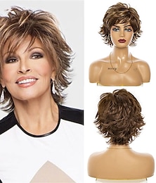 abordables -perruque femme 2 tons brun clair ombre courte couches cheveux bouclés frange gonflée résistant à la chaleur 2 couleurs disponibles