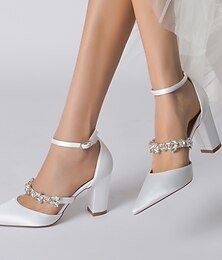 abordables -Femme Chaussures de mariage Escarpins Chaussures de mariée Strass Talon Bottier Bout pointu Luxueux Satin Lanière de cheville Vin Noir Blanche
