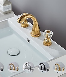 cheap -Widespread Bathroom Sink Mixer Faucet, Brass Basin Taps 2 Handle 3 Hole Retro Style Crystal Handle, Washroom Bath with Hot and Cold Water Hose