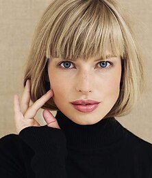 abordables -perruque bob blonde courte avec une frange d'air longueur synthétique résistant à la chaleur pour les femmes blonde dorée mixte fraise blonde