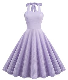 baratos -Vestido feminino audrey hepburn da década de 1950 frente única vestido flare 100% algodão retrô vintage gráfico xadrez roupa diária festa chá casual ajuste sem mangas diário&amp; vestido flare natal