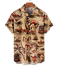 economico -Per uomo Foglia di palma Ragazza Pin Up Camicia Camicia hawaiana Camicia Aloha Manica corta Camicia Collo ripiegabile Vintage Di tendenza Originale Da mare Informale Giornaliero Giallo Blu Marrone